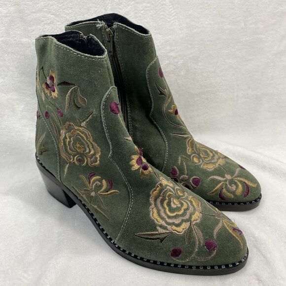 Jeffery Campbell booties boots Womens 9 Olive Green Suede Embroidered Heeled y2k - Picture 1 of 11